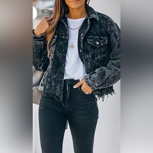 LCRRRN - Black Cropped Corduroy Shacket for Women with Fringe & Frayed Hem